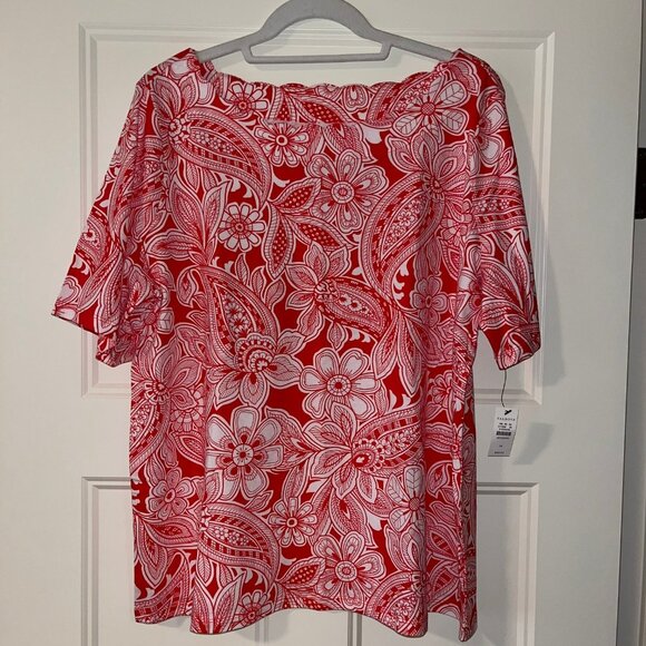 Talbots NWT Red/White Floral Scalloped Neckline 100% Cotton Top - Size 1X - Picture 1 of 7
